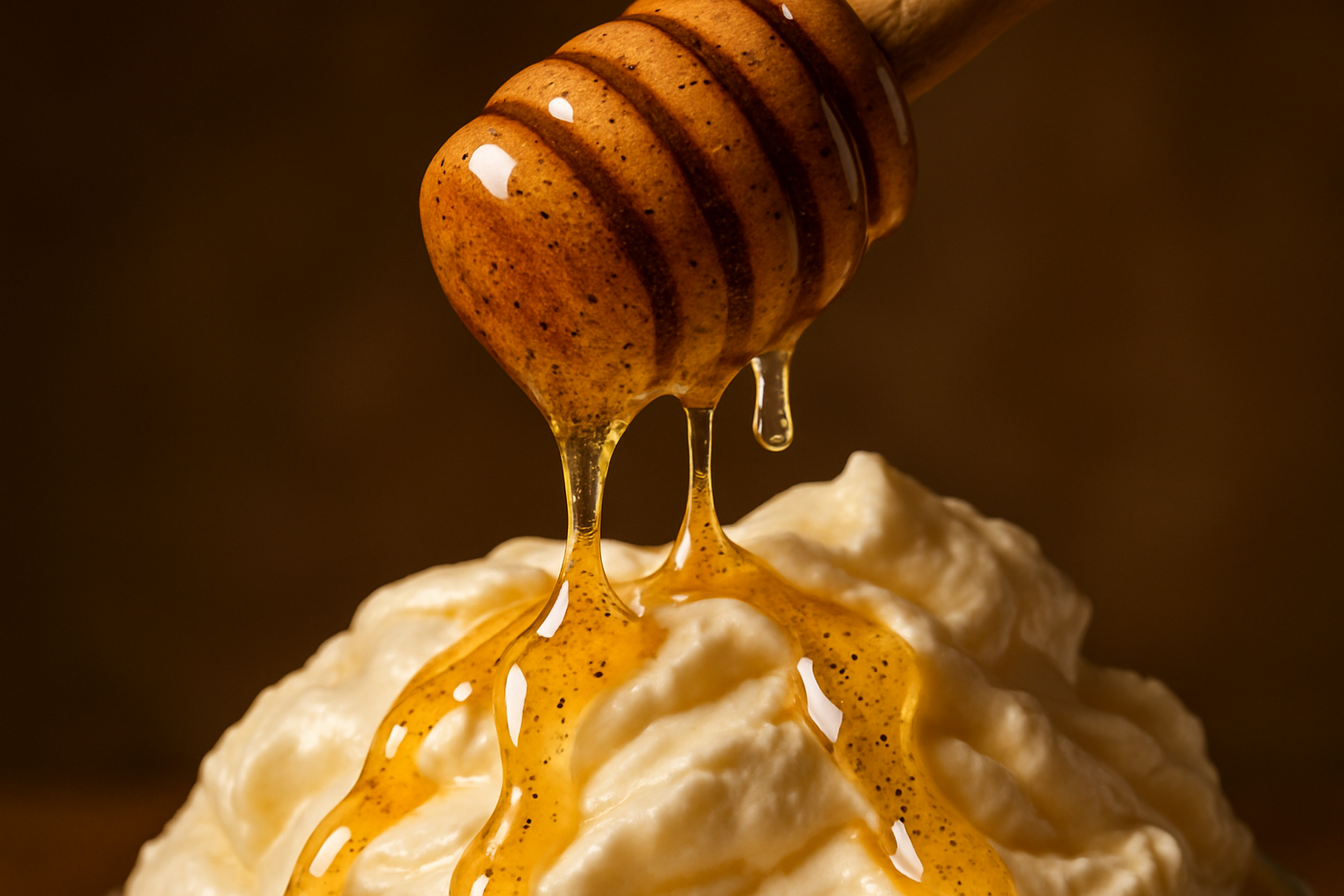 A close-up of a honey dipper dripping vanilla-specked honey over ice cream or whipped cream.