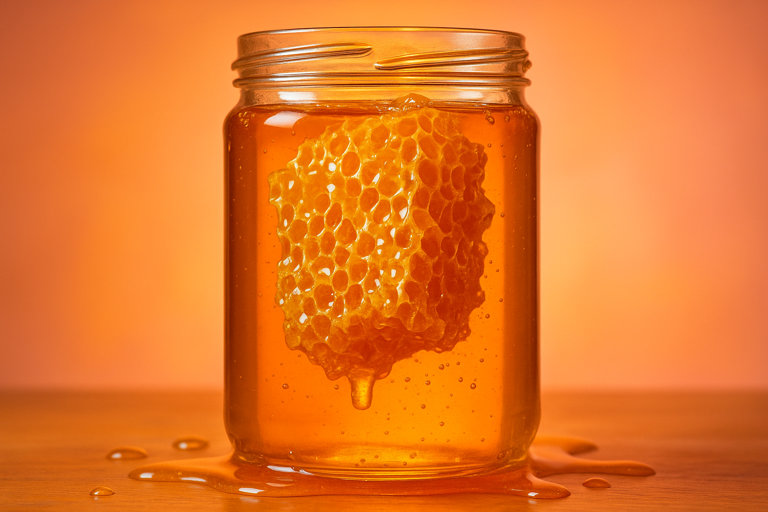 A close-up shot of a tall glass jar filled with golden honey and a chunky piece of honeycomb suspended inside. The comb glistens with texture, catching light beautifully. Playful, cheeky branding vibe with warm glowing background tones (amber, orange, and soft pink) and subtle honey drips around the base