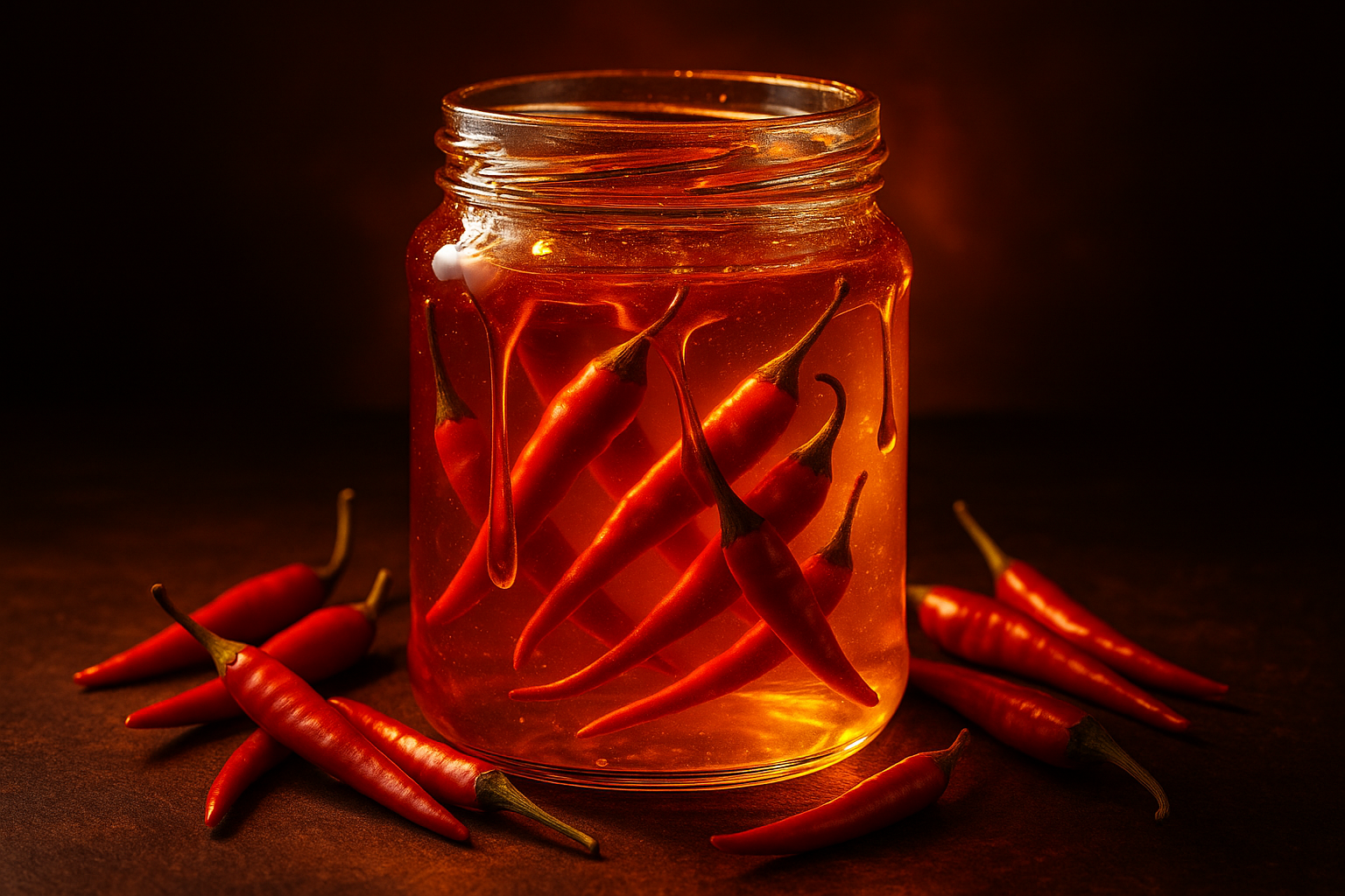 A dramatic product shot of a jar of golden honey with whole red chili peppers swirling inside and scattered around the base. Honey drips down the jar in fiery streaks, glowing under warm, intense lighting.