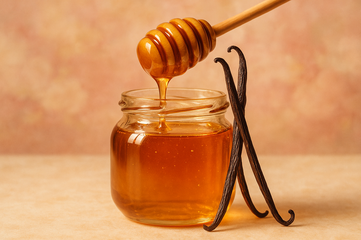 A dreamy, indulgent product scene with a jar of golden honey and whole vanilla beans leaning elegantly against it. Honey drips lazily from a dipper into the jar, catching light in soft golden highlights. Background has a romantic retro feel with pastel pinks, creams, and golden tones