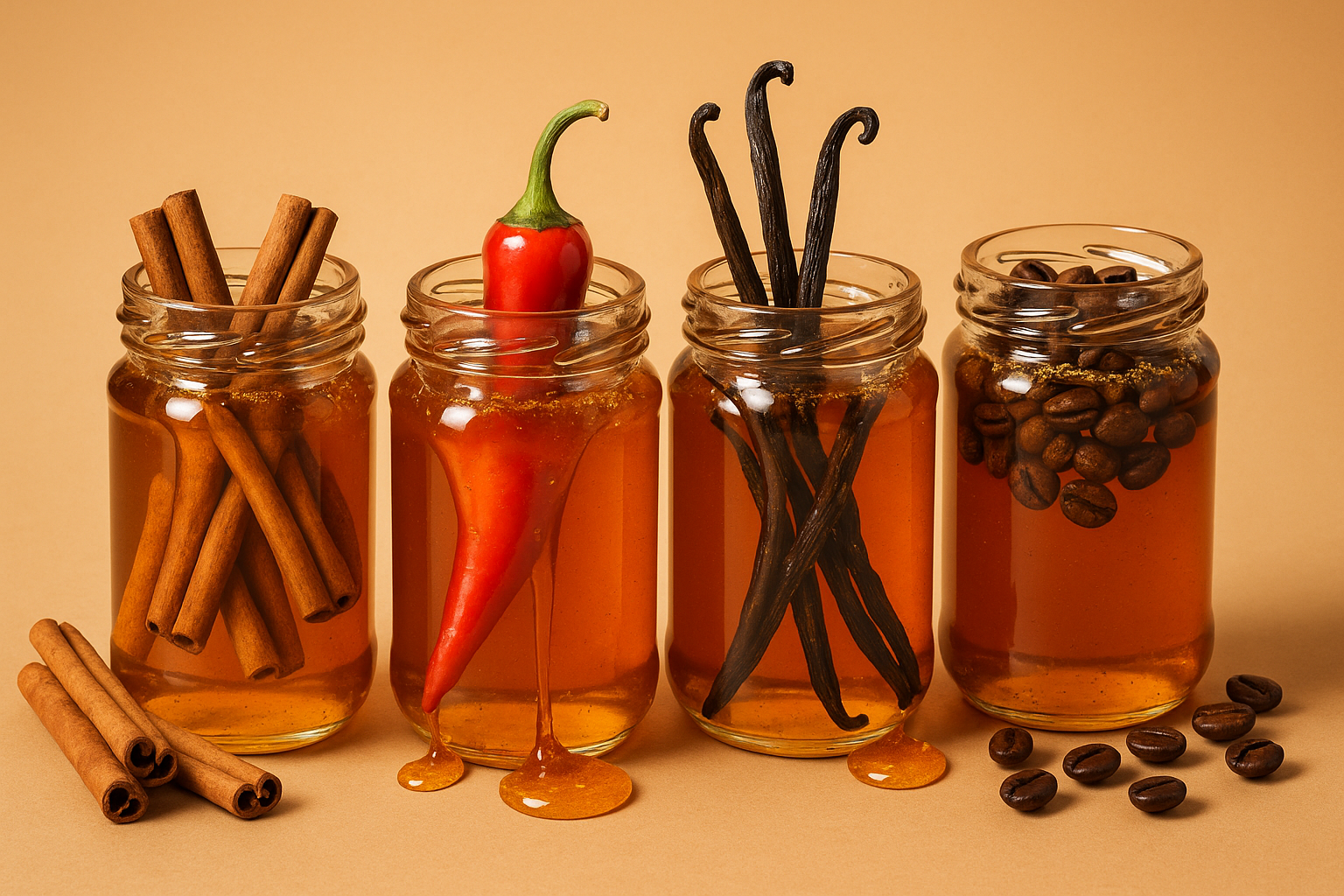 A playful product scene with glass jars of honey infused with bold ingredients — cinnamon sticks, fiery red chili peppers, vanilla beans, and roasted coffee beans visibly peeking out of the jars. Honey drips down the sides in a dramatic, glossy way.