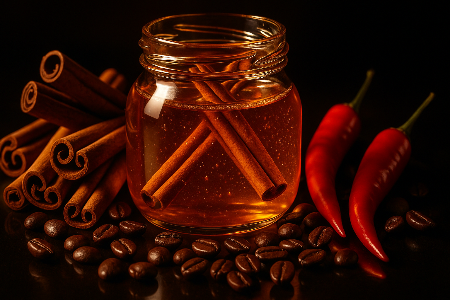 Close-up of a honey jar surrounded by cinnamon sticks, chili peppers, and coffee beans, styled as a luxurious cocktail advertisement, glossy lighting